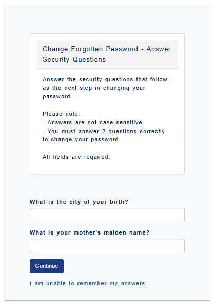 Answer to Security Questions page