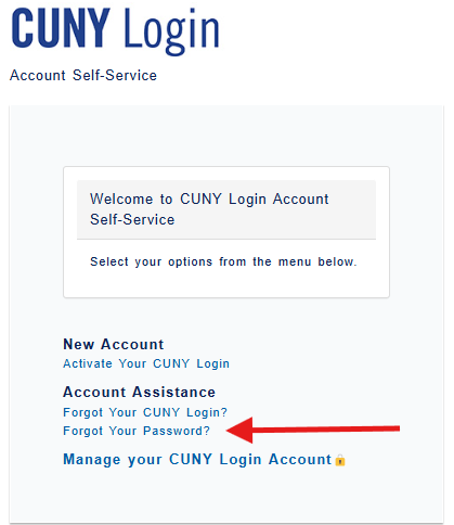 CUNY Login Account Self-Service page